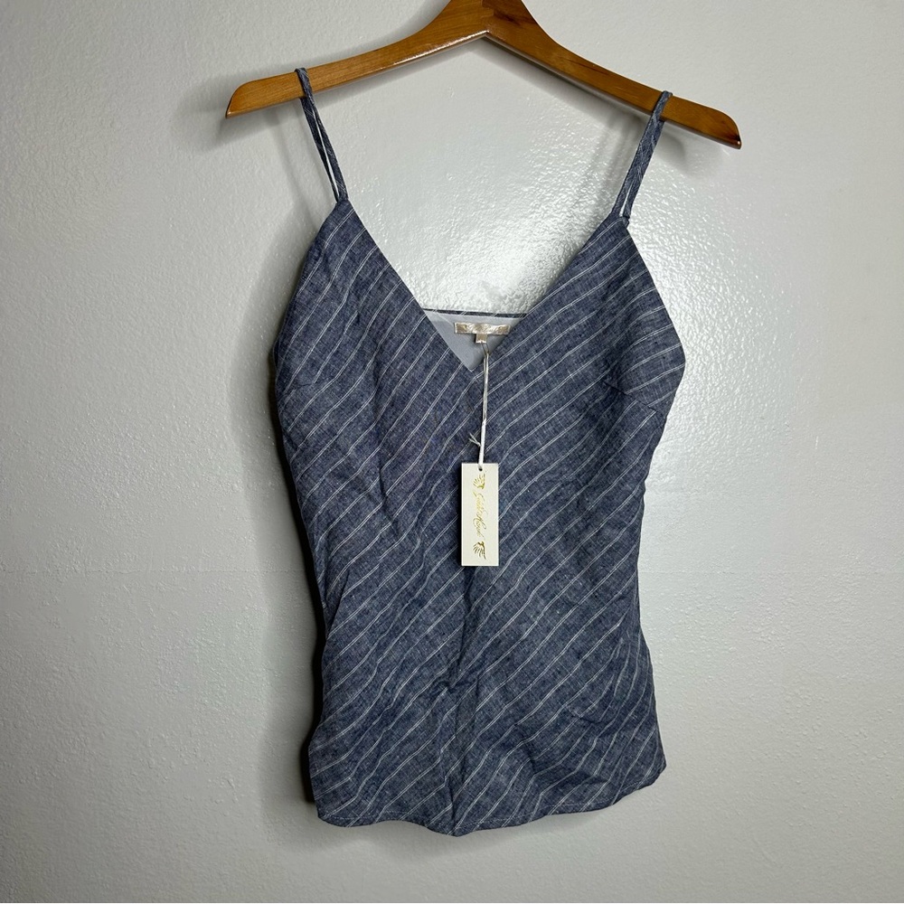 NWT Gold Hawk 100% Linen Striped Blue Camisole Tank Top Size XS